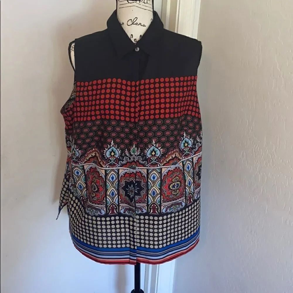 Vince Camuto Sleeveless Print Design Top Boho Art To Wear Feminine Colorful